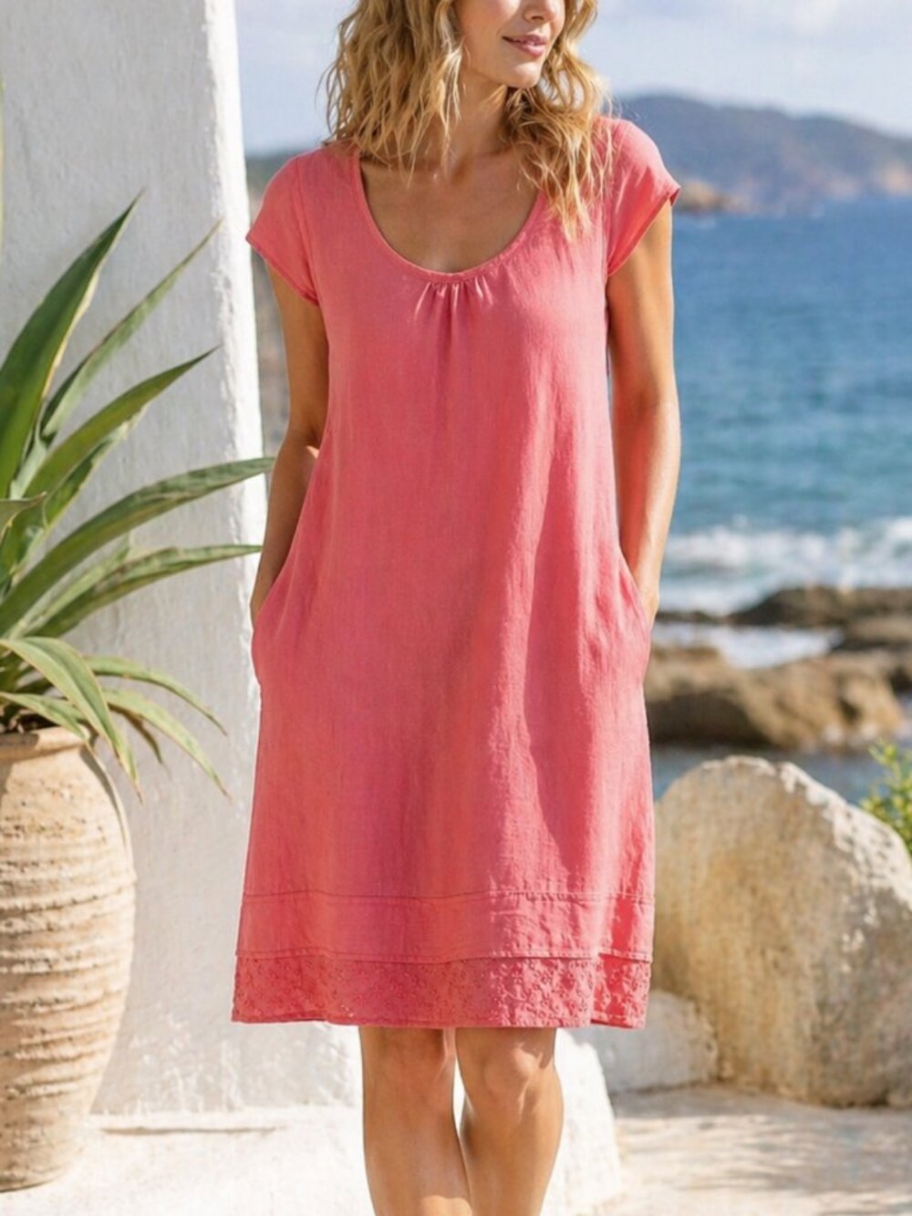 Coral Linen Shift Mini Dress Malvin Hamburg Germany Boho Coastal Lagenlook S